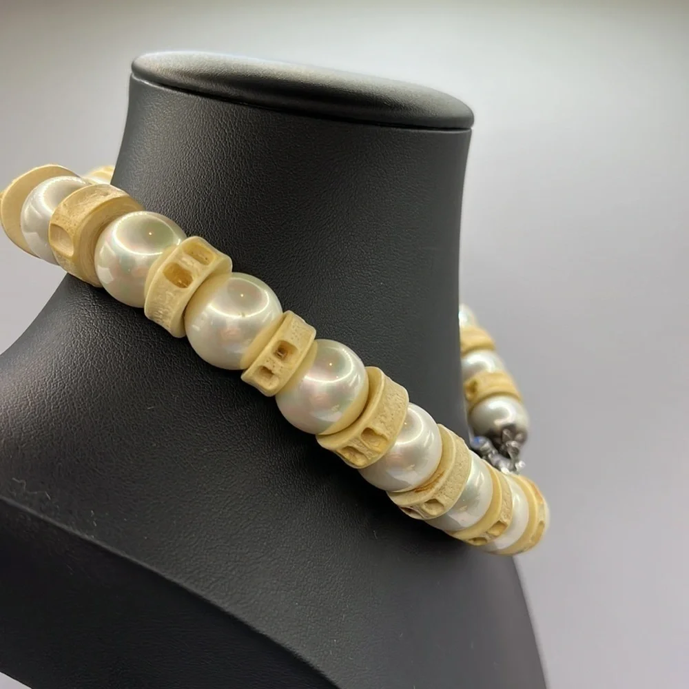 Sterling Silver Pearl and Bone Vintage unique choker necklace Toggle  Oversized